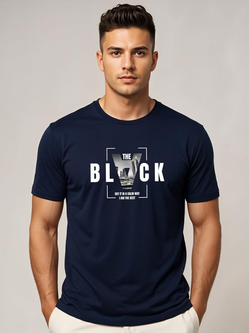 ADRO Men's Regular Fit T-Shirt - Bold Block Vision BLVCK Design in Navy Blue - Image 2