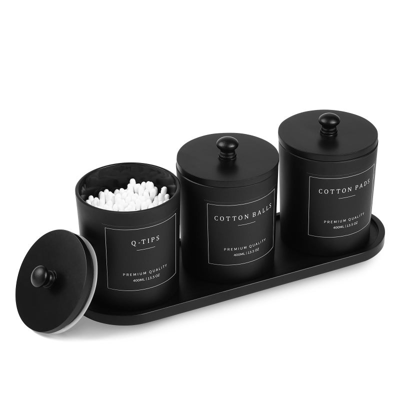 eggs sound 3 Pack Qtip Holder Bathroom Organizers and Storage Cotton Round Holder Cotton Swab Ball Dispenser Holder with Tray Glass Apothecary Jars with Lids Floss Pick Containers black black - Image 2