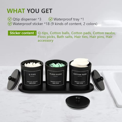 eggs sound 3 Pack Qtip Holder Bathroom Organizers and Storage Cotton Round Holder Cotton Swab Ball Dispenser Holder with Tray Glass Apothecary Jars with Lids Floss Pick Containers black black - Image 3