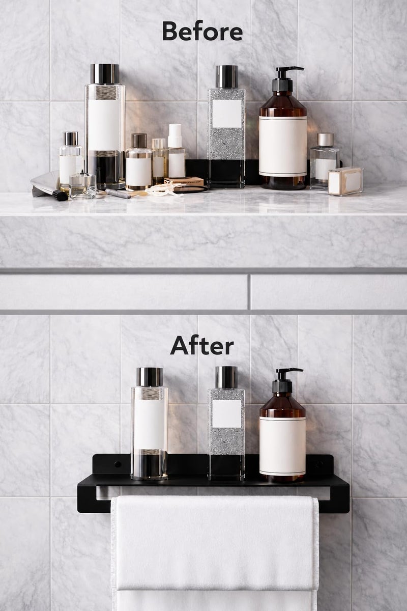 Wall Mounted Bathroom Shelf with Towel Bar – 100% Stainless Steel Rustproof Rack with Non-Peeling Electrostatic Powder Coating, Space-Saving Organizer for Bathroom & Kitchen (Black) - Image 2