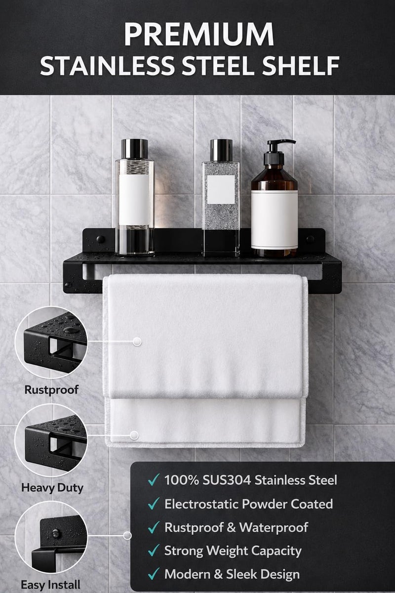 Wall Mounted Bathroom Shelf with Towel Bar – 100% Stainless Steel Rustproof Rack with Non-Peeling Electrostatic Powder Coating, Space-Saving Organizer for Bathroom & Kitchen (Black) - Image 4