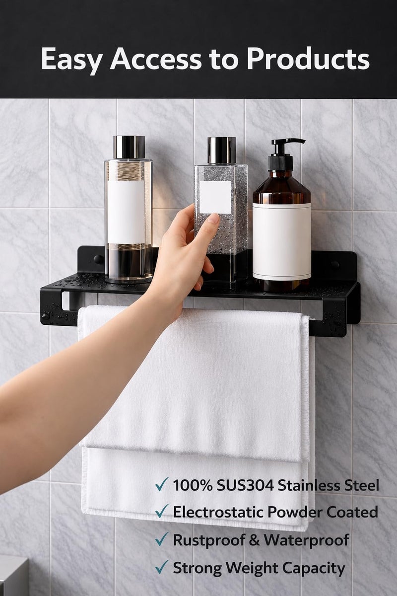 Wall Mounted Bathroom Shelf with Towel Bar – 100% Stainless Steel Rustproof Rack with Non-Peeling Electrostatic Powder Coating, Space-Saving Organizer for Bathroom & Kitchen (Black) - Image 5