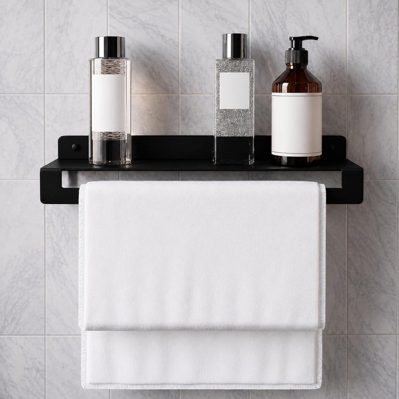Wall Mounted Bathroom Shelf with Towel Bar – 100% Stainless Steel Rustproof Rack with Non-Peeling Electrostatic Powder Coating, Space-Saving Organizer for Bathroom & Kitchen (Black) - Image 1