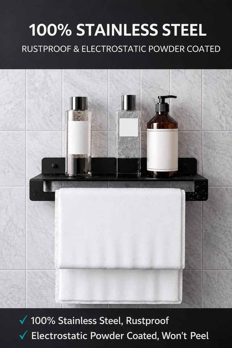 Wall Mounted Bathroom Shelf with Towel Bar – 100% Stainless Steel Rustproof Rack with Non-Peeling Electrostatic Powder Coating, Space-Saving Organizer for Bathroom & Kitchen (Black) - Image 3