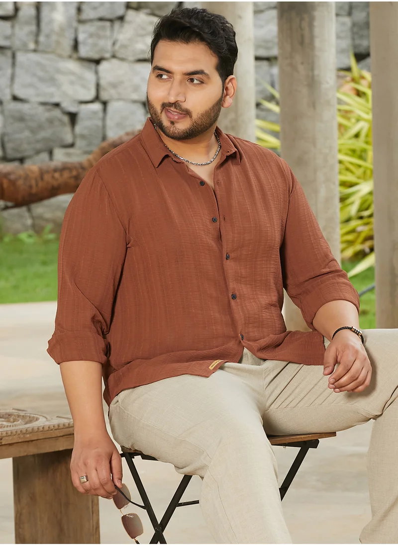 انستافاب بلس Instafab Plus Men's Sienna Brown Woven-Lined Shirt For Casual Wear | Spread Collar | Long Cuffed Sleeves | Button Closure | Plus Size Shirt Crafted With Comfort Fit For Everyday Wear