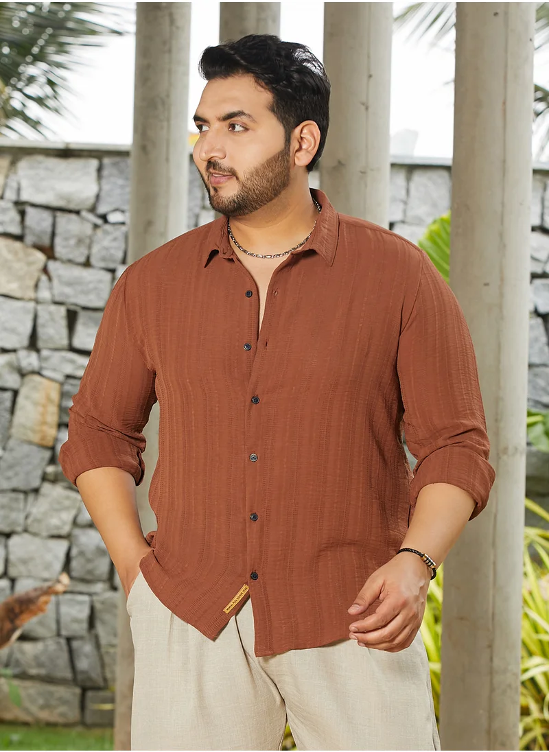 انستافاب بلس Instafab Plus Men's Sienna Brown Woven-Lined Shirt For Casual Wear | Spread Collar | Long Cuffed Sleeves | Button Closure | Plus Size Shirt Crafted With Comfort Fit For Everyday Wear