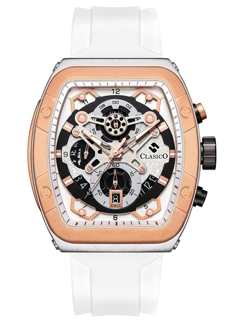Clasico ساعة كرونوغراف فاخرة بـ 6 عقارب – إصدار هيكل تونيو باللونين الذهبي المصقول والأبيض مع حزام سيليكون فاخر – حركة Elite Y121 – تصميم مقاوم للماء - Image 1