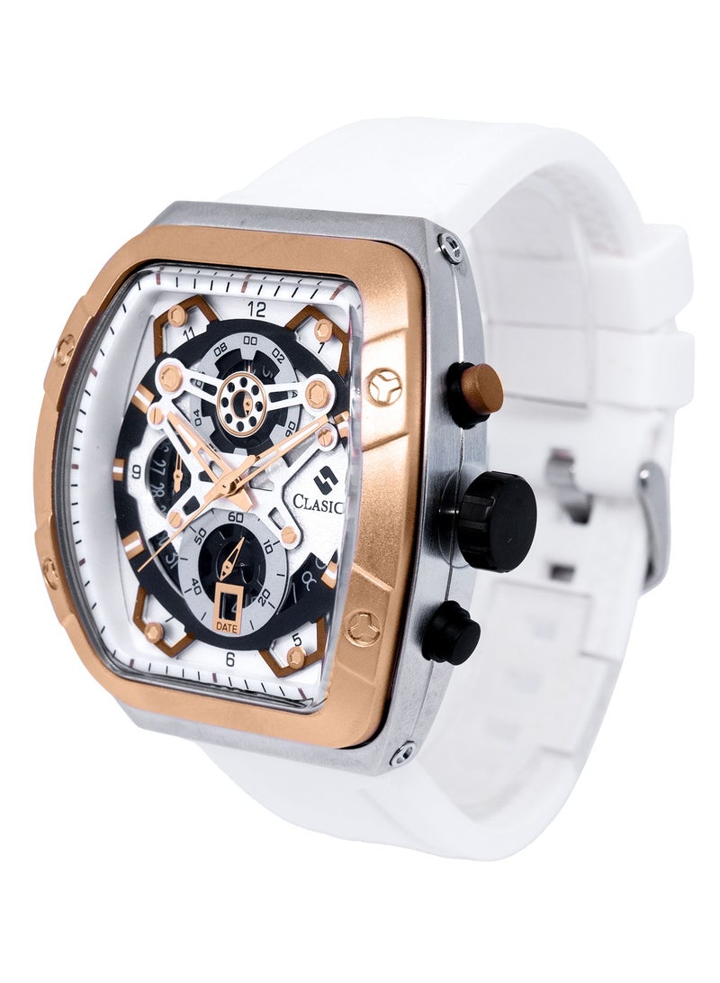 Clasico ساعة كرونوغراف فاخرة بـ 6 عقارب – إصدار هيكل تونيو باللونين الذهبي المصقول والأبيض مع حزام سيليكون فاخر – حركة Elite Y121 – تصميم مقاوم للماء - Image 3