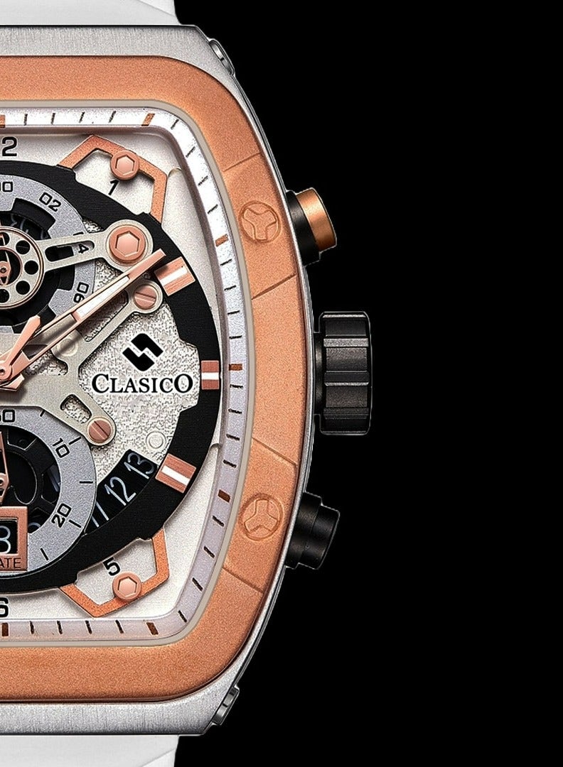 Clasico ساعة كرونوغراف فاخرة بـ 6 عقارب – إصدار هيكل تونيو باللونين الذهبي المصقول والأبيض مع حزام سيليكون فاخر – حركة Elite Y121 – تصميم مقاوم للماء - Image 2