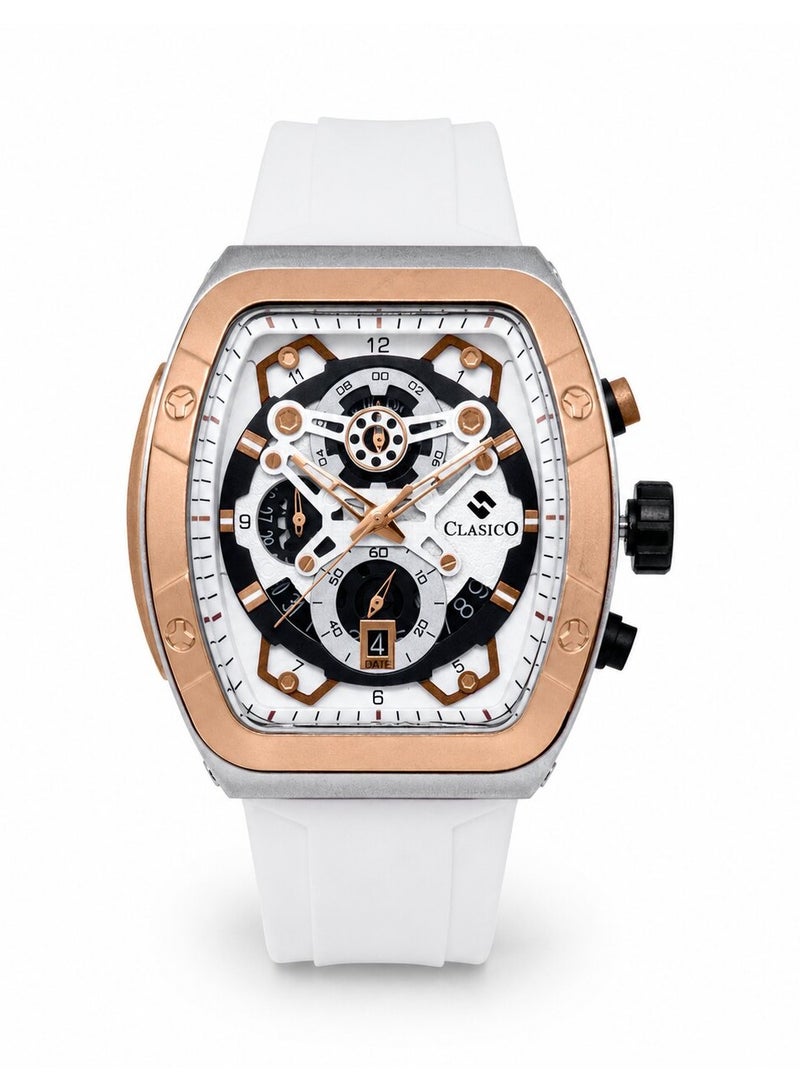 Clasico Opulent 6-Hands Chronograph Watch – Tonneau Skeleton Brushed Gold & White Chronograph Edition with Premium Silicon Strap – Elite Y121 Calibre Movement – Waterproof Design - Image 1