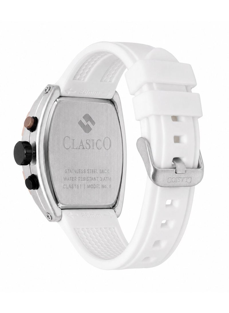 Clasico Opulent 6-Hands Chronograph Watch – Tonneau Skeleton Brushed Gold & White Chronograph Edition with Premium Silicon Strap – Elite Y121 Calibre Movement – Waterproof Design - Image 3