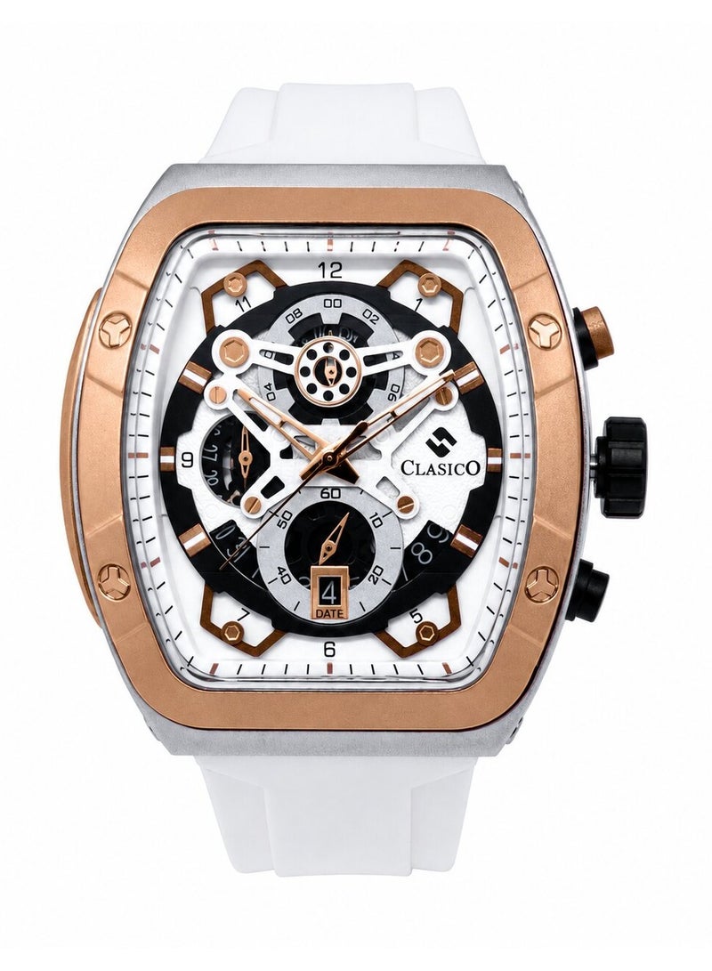 Clasico Opulent 6-Hands Chronograph Watch – Tonneau Skeleton Brushed Gold & White Chronograph Edition with Premium Silicon Strap – Elite Y121 Calibre Movement – Waterproof Design - Image 4