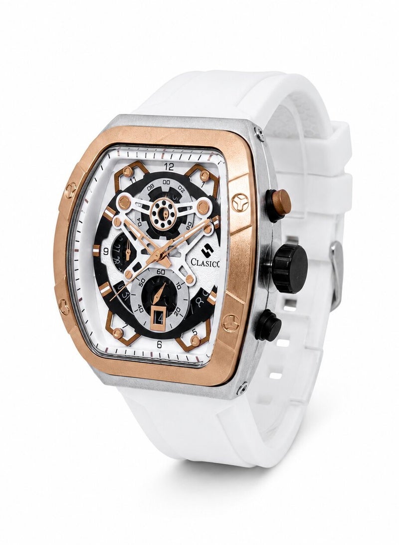 Clasico Opulent 6-Hands Chronograph Watch – Tonneau Skeleton Brushed Gold & White Chronograph Edition with Premium Silicon Strap – Elite Y121 Calibre Movement – Waterproof Design - Image 2