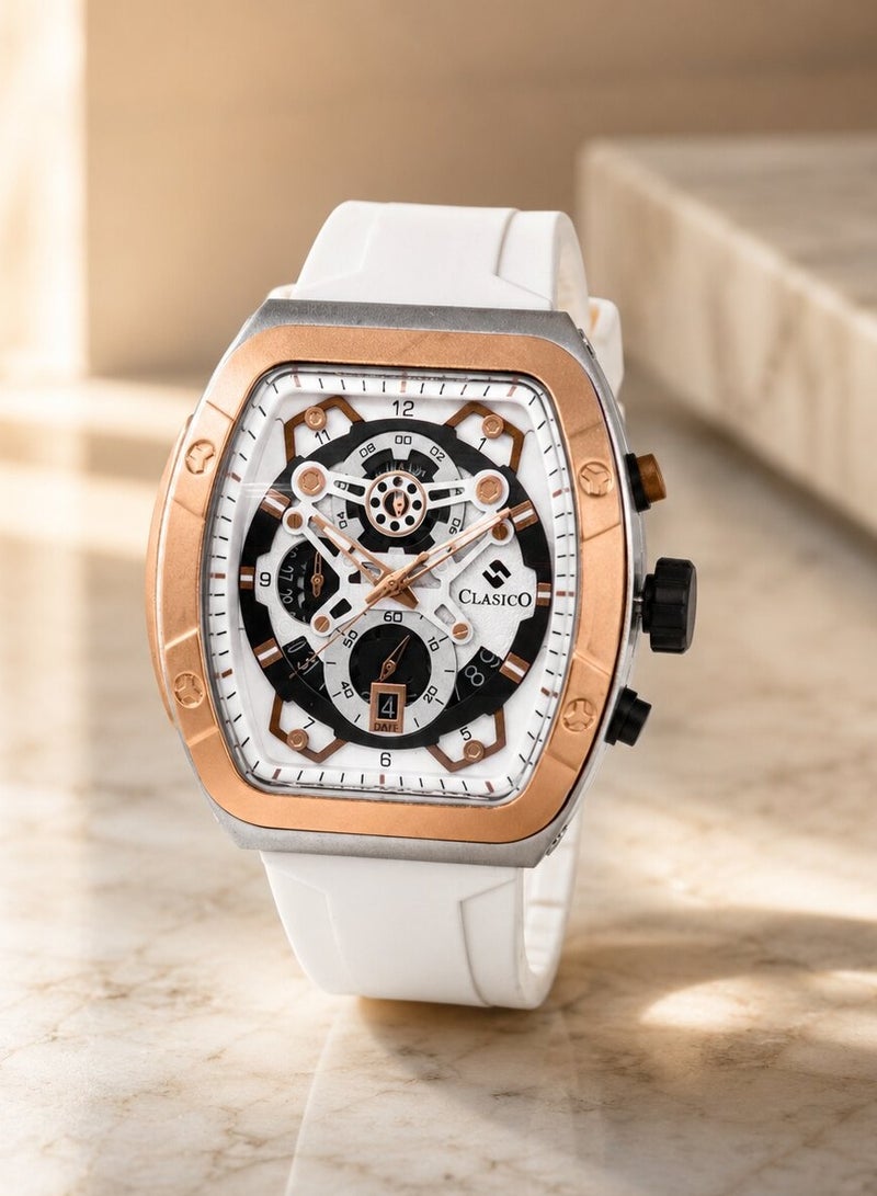 Clasico Opulent 6-Hands Chronograph Watch – Tonneau Skeleton Brushed Gold & White Chronograph Edition with Premium Silicon Strap – Elite Y121 Calibre Movement – Waterproof Design - Image 5