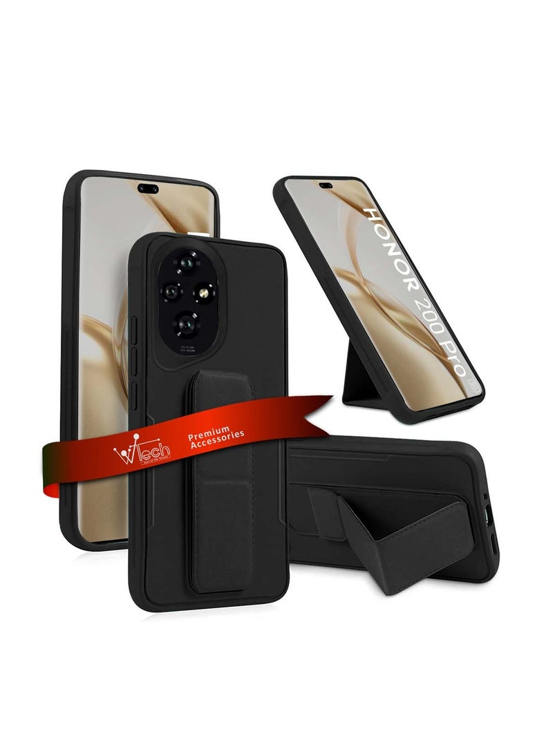 Wtech Honor 200 Pro 5G 2024 Hand Grip Foldable Magnetic Kickstand Wrist Strap Finger Grip With Built-In Iron Modern Camera Lips Case Cover - Black - Image 1