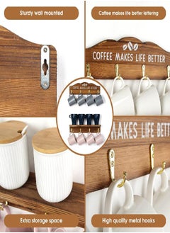 J JACKCUBE DESIGN JACKCUBE Design Coffee Mug Rack, Wall Mounted Wooden 12 Coffee Cup Holder Organizer with Coffee Sign for Home Kitchen Cafe Decor - MK737A  - Image 2