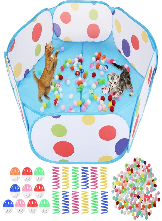 Foxtell Cat Ball Pit Include 200 Pom Pom Balls 10 Jingle Balls and 12 PCS Cat Spring Toy for Indoor Bored Self Play Enrichment Toy for Indoor Cats Interactive Fun and Exercise (Blue) - Image 1