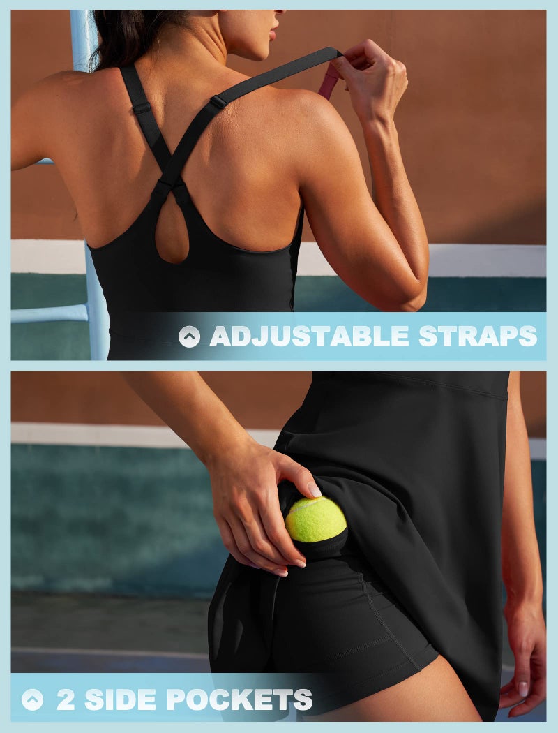 IUGA Womens Tennis Dress Built in Shorts & Bra Adjustable Straps Exercise Workout Dress with Pockets Golf Athletic Dresses Black - Image 5