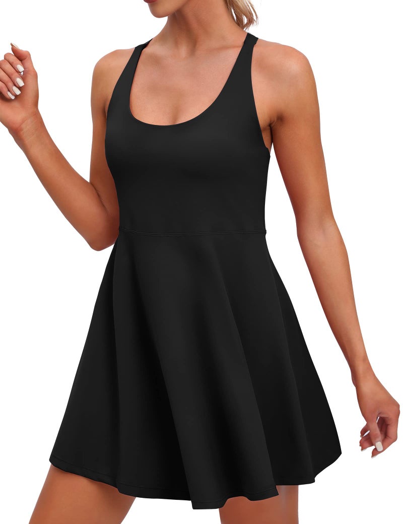 IUGA Womens Tennis Dress Built in Shorts & Bra Adjustable Straps Exercise Workout Dress with Pockets Golf Athletic Dresses Black - Image 2
