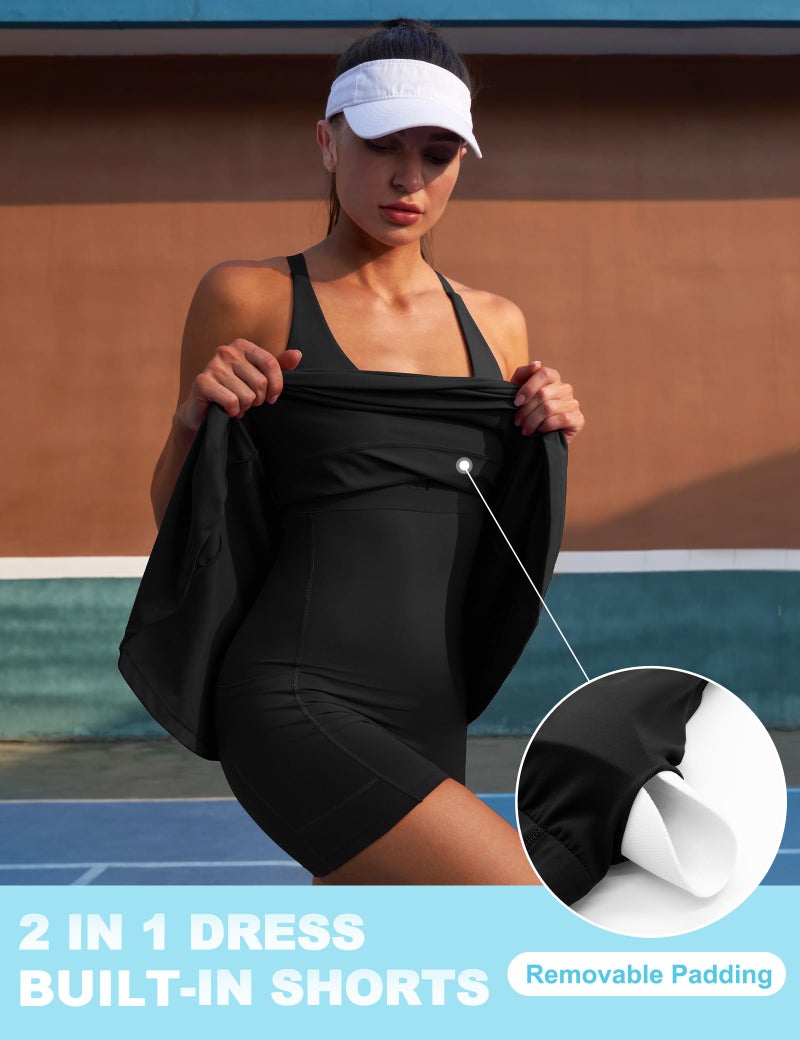 IUGA Womens Tennis Dress Built in Shorts & Bra Adjustable Straps Exercise Workout Dress with Pockets Golf Athletic Dresses Black - Image 4