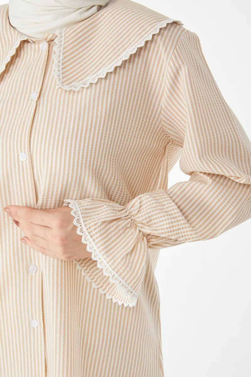 Tofisa 24512-BEJ Baby Collar Striped Lace Tunic