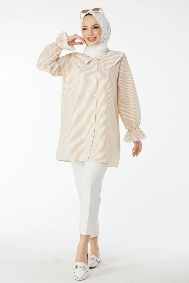 Tofisa 24512-BEJ Baby Collar Striped Lace Tunic