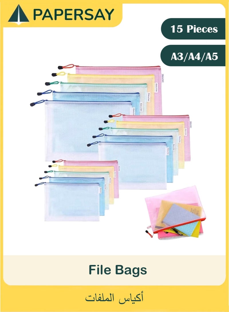 PAPERSAY 15 Pack Mesh Zipper Pouch Document Bags,A3|A4|A5 Size Document Bags Plastic Zip File Folders 5 Color Organize Bags Waterproof File Envelopes for School Office Supplies Cosmetics Travel Storage - Image 1