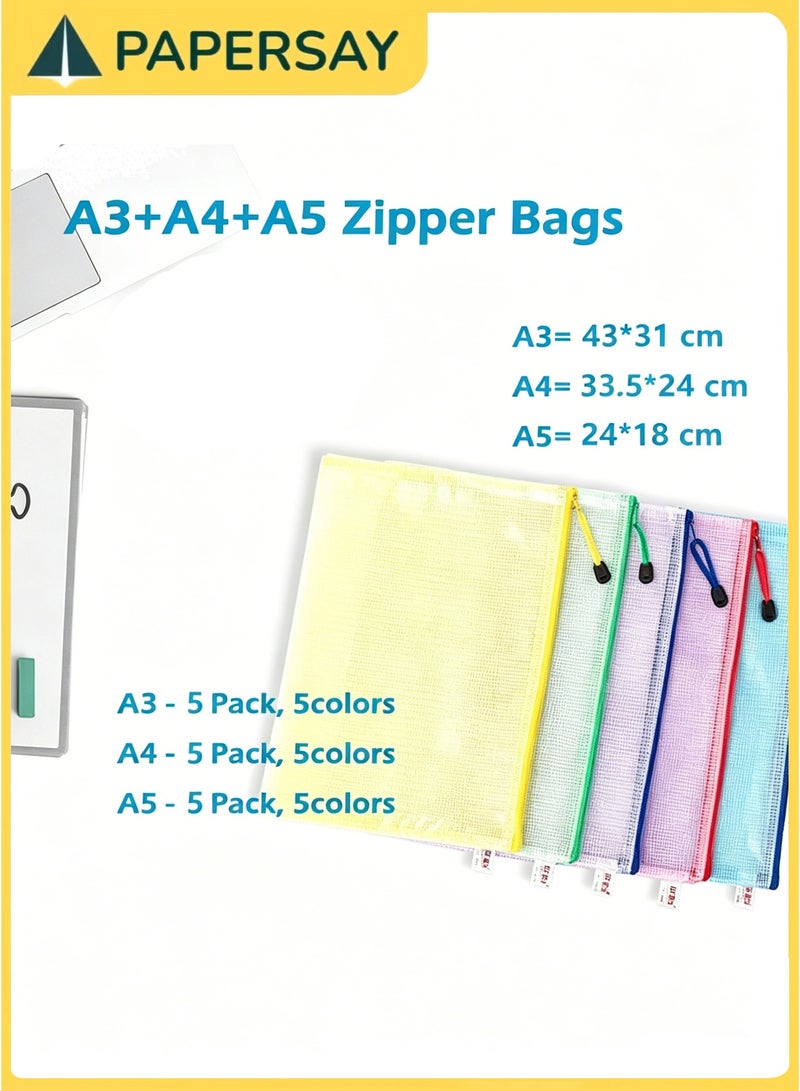 PAPERSAY 15 Pack Mesh Zipper Pouch Document Bags, A3/A4/A5 Size File Folders – Waterproof Organizer Envelopes for School, Office, Travel & Cosmetics Storage (5 Colors) - Image 2