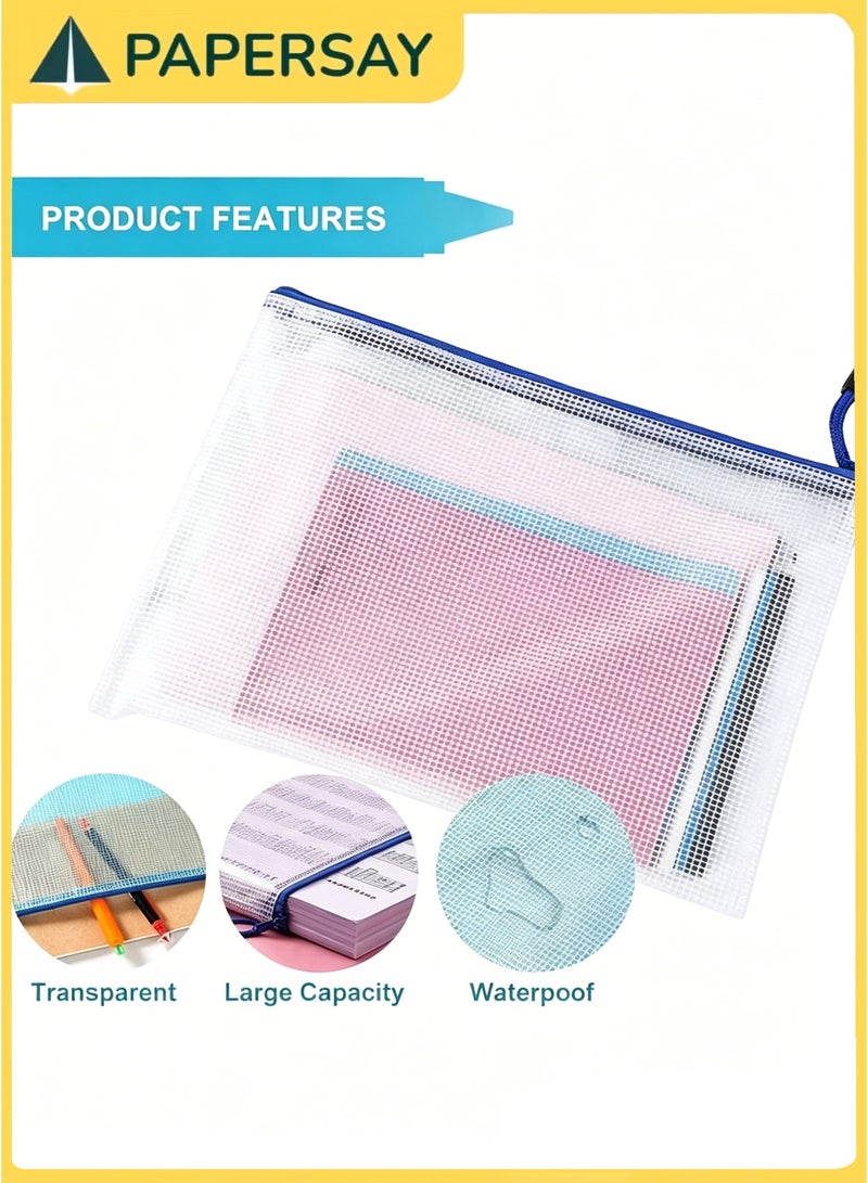 PAPERSAY 15 Pack Mesh Zipper Pouch Document Bags, A3/A4/A5 Size File Folders – Waterproof Organizer Envelopes for School, Office, Travel & Cosmetics Storage (5 Colors) - Image 3