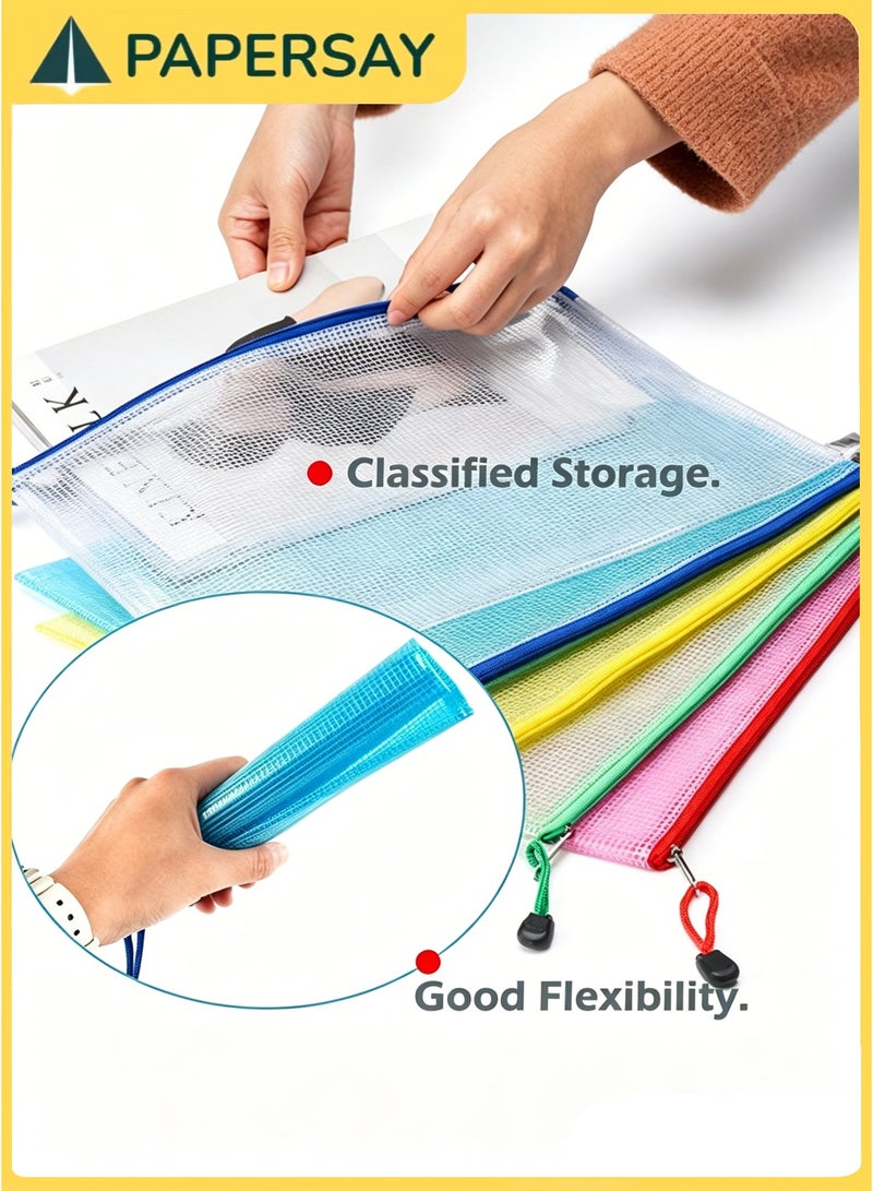 PAPERSAY 15 Pack Mesh Zipper Pouch Document Bags, A3/A4/A5 Size File Folders – Waterproof Organizer Envelopes for School, Office, Travel & Cosmetics Storage (5 Colors) - Image 5