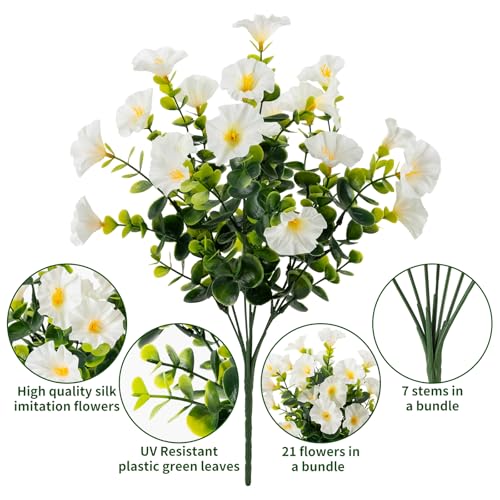 Lnoicy Artificial Flowers for Outdoor 12 Bundles Eucalyptus Fake Flowers for Planter,UV Resistant Fake Morning Glory for Home/Porch/Garden Decoration（White） - Image 3