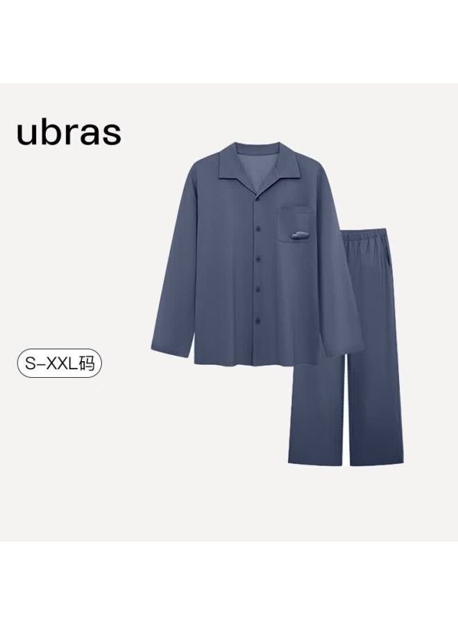 Ubras Cloud Cotton Herbal Classic Open Front Soft Cotton Underwear Homewear Men's Couple Pajama Set Canopy Blue L