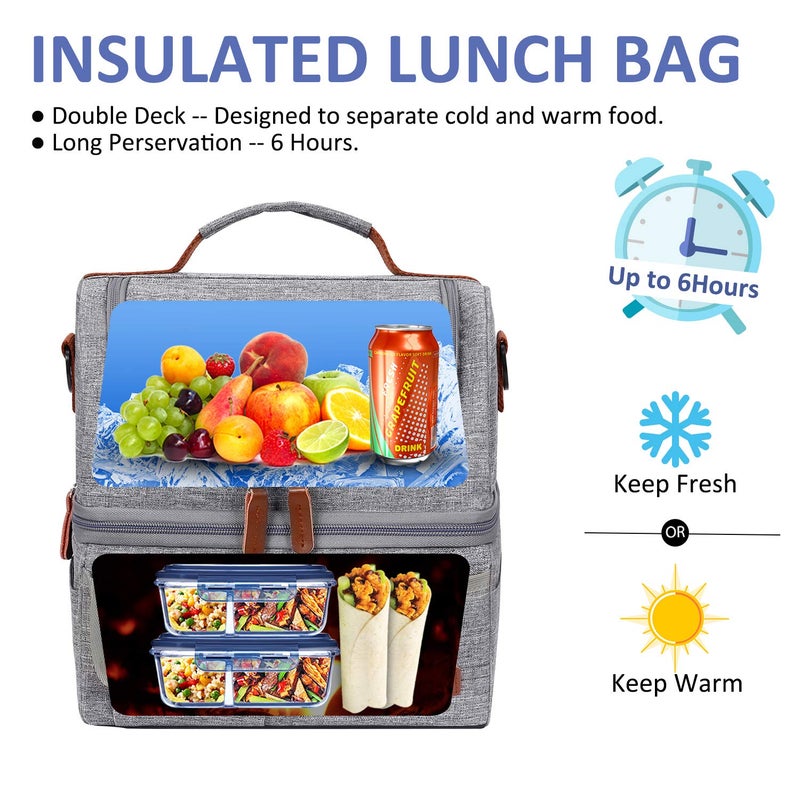 LOKASS Lunch Bag Double Deck Insulated Lunch Box Large Cooler Tote Bag with Removable Shoulder Strap Wide Open Thermal Meal Prep Lunch Organizer Box for Men/Women/Adults/Work/Outdoor, Gray - Image 2