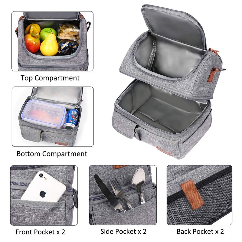 LOKASS Lunch Bag Double Deck Insulated Lunch Box Large Cooler Tote Bag with Removable Shoulder Strap Wide Open Thermal Meal Prep Lunch Organizer Box for Men/Women/Adults/Work/Outdoor, Gray - Image 3
