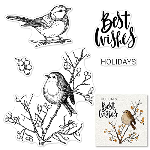 Hying Tree Birds Berry Clear Stamps for Card Making and Photo Album Decorations, Best Wishes Words Transparent Rubber Stamps Spring Flowers Silicone Stamps Seal for DIY Scrapbooking - Image 1