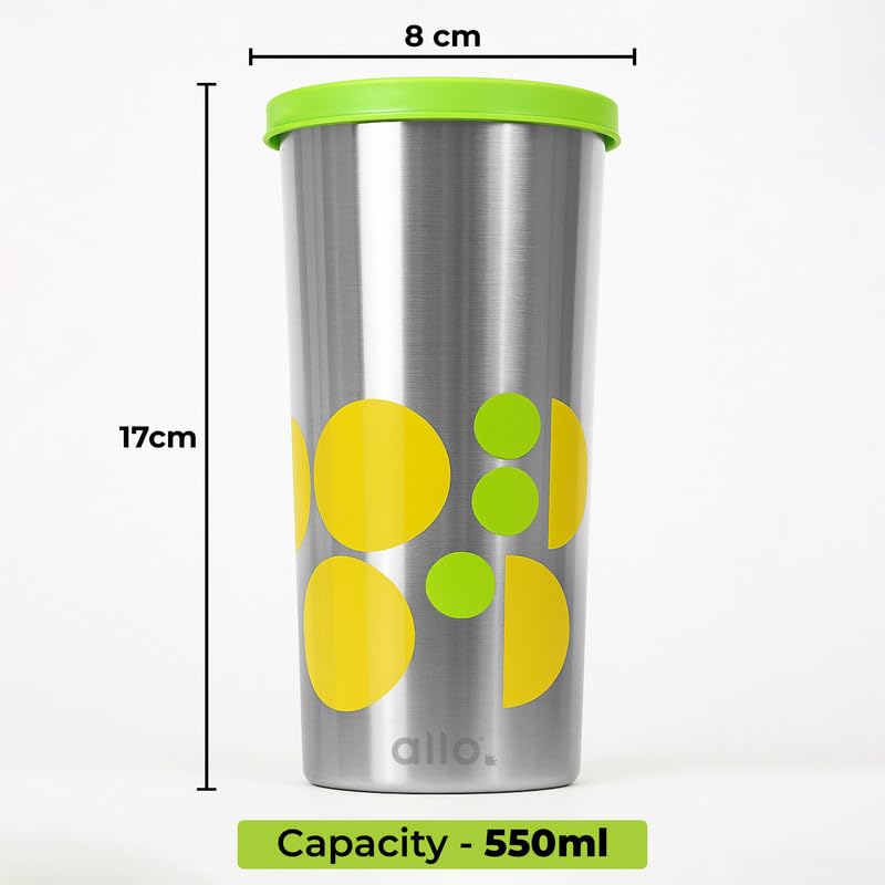 Allo Stainless Steel Tumbler with Lid, Leak Proof Water Tumbler for Home, Office, School, Travel, Kids Rust Proof, Multipurpose Storage Glass for Juice, Tea, Coffee, Milk, Green (550Ml) - Image 2