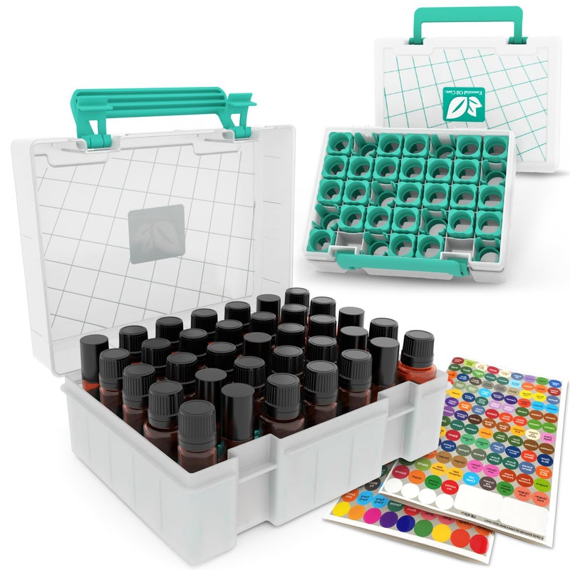 GPG2 Essential Oil Organizer, 35-Bottle Essential Oil Storage Case for Shelf & Travel, Hard Carrying Case for doTERRA, Young Living, 5ml/10ml/15ml/Roller Bottles, Stickers Included, Teal - Image 1