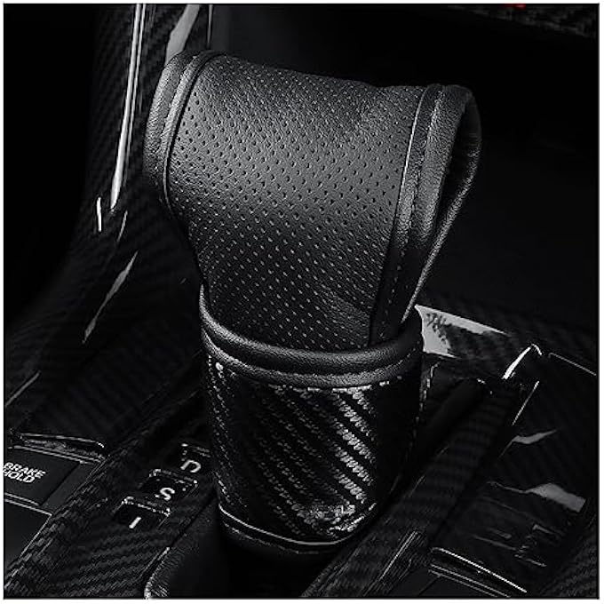 ريحني غطاء مقبض ناقل الحركة للسيارةغطاء عصا تروس جلدية من ألياف الكربون لزينة السيارة الحماية، إكسسوارات داخلية شاملة للسيارة تناسب السيارة شاحنة SUV سوداء - Image 1