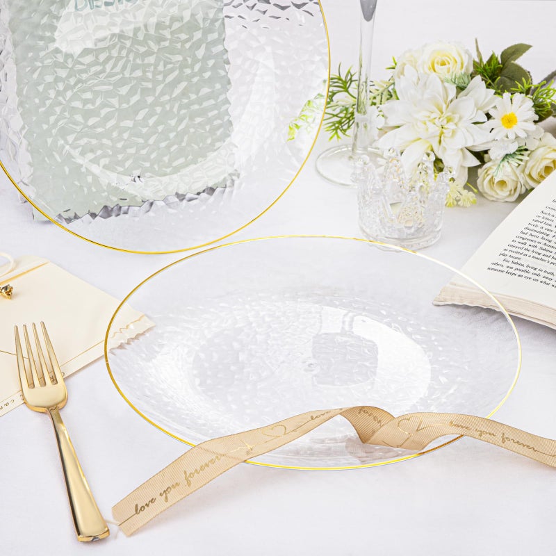 Rubtlamp 100 Pcs Gold Plastic Plates - 10 inch Clear Gold Dinner Plates - Hammer Pattern Design - Fancy Disposable Plate - Heavy Duty Party Plate Ideal for Wedding - Image 3