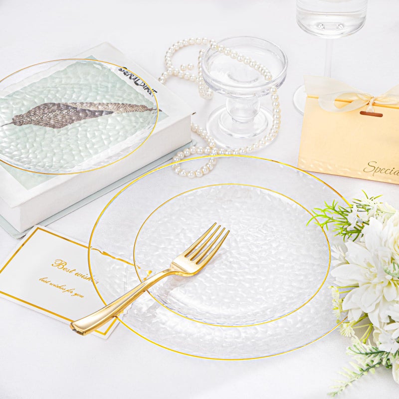 Rubtlamp 100 Pcs Gold Plastic Plates - 10 inch Clear Gold Dinner Plates - Hammer Pattern Design - Fancy Disposable Plate - Heavy Duty Party Plate Ideal for Wedding - Image 5