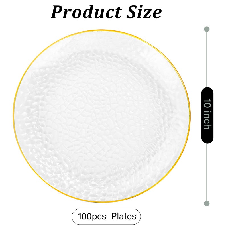 Rubtlamp 100 Pcs Gold Plastic Plates - 10 inch Clear Gold Dinner Plates - Hammer Pattern Design - Fancy Disposable Plate - Heavy Duty Party Plate Ideal for Wedding - Image 2