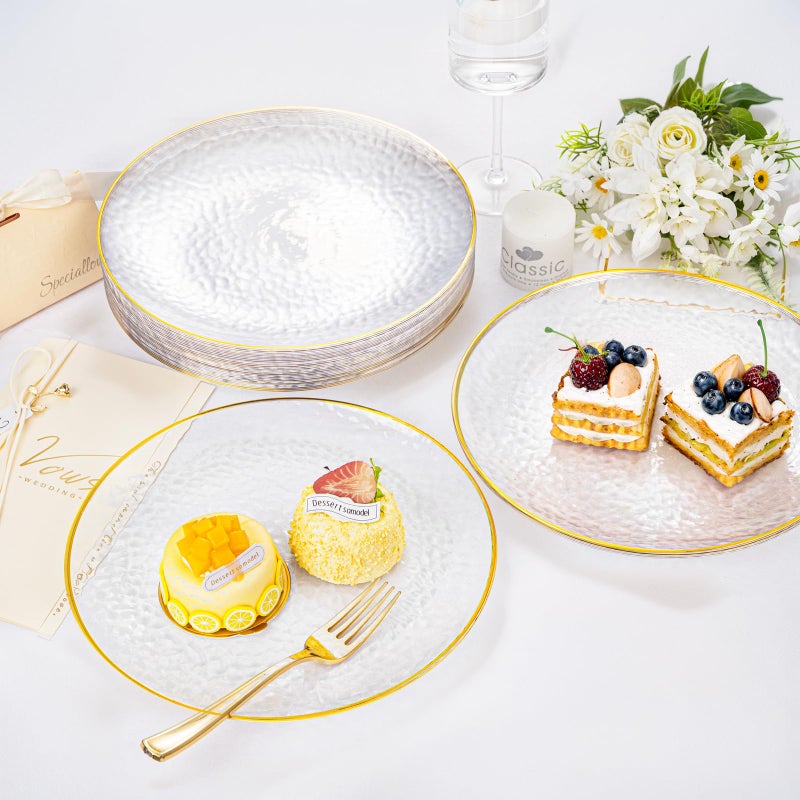 Rubtlamp 100 Pcs Gold Plastic Plates - 10 inch Clear Gold Dinner Plates - Hammer Pattern Design - Fancy Disposable Plate - Heavy Duty Party Plate Ideal for Wedding - Image 4