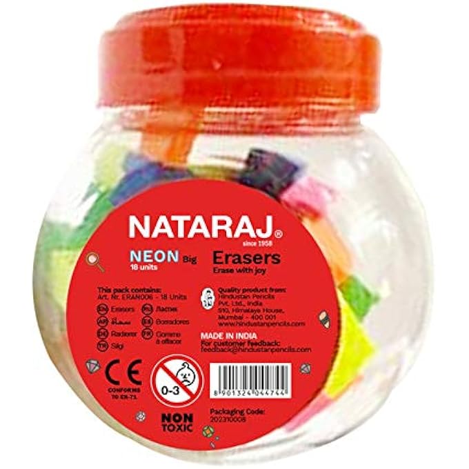NATARAJ ممحاة نيون كبيرة، متعددة الألوان - 18 قطعة في جرة، ناعمة ومتينة، مثالية للاستخدام في المدرسة والفن والمكتب - Image 3