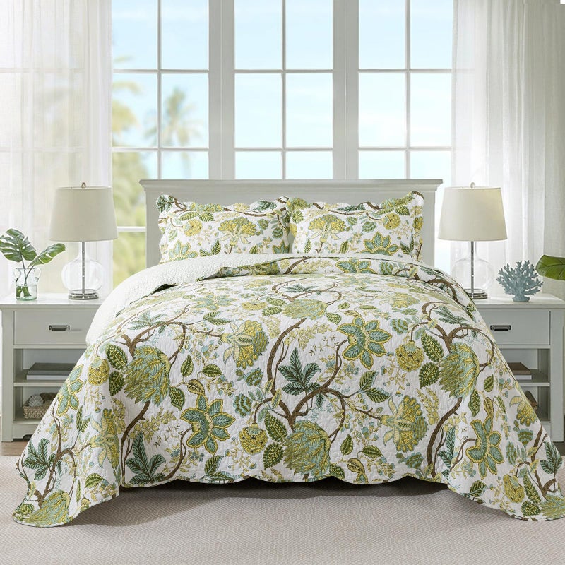 Travan 3-Piece Quilt Set Quilted Bedspread Cotton Coverlet Set Floral Oversized Quilted Bedding Set for All Season, White Vine, Queen Size - Image 1