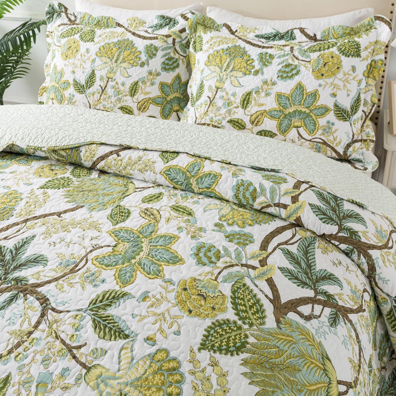 Travan 3-Piece Quilt Set Quilted Bedspread Cotton Coverlet Set Floral Oversized Quilted Bedding Set for All Season, White Vine, Queen Size - Image 3