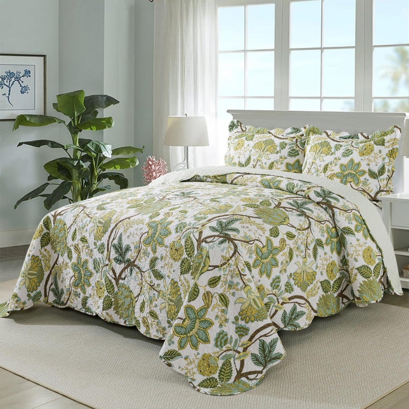Travan 3-Piece Quilt Set Quilted Bedspread Cotton Coverlet Set Floral Oversized Quilted Bedding Set for All Season, White Vine, Queen Size - Image 2