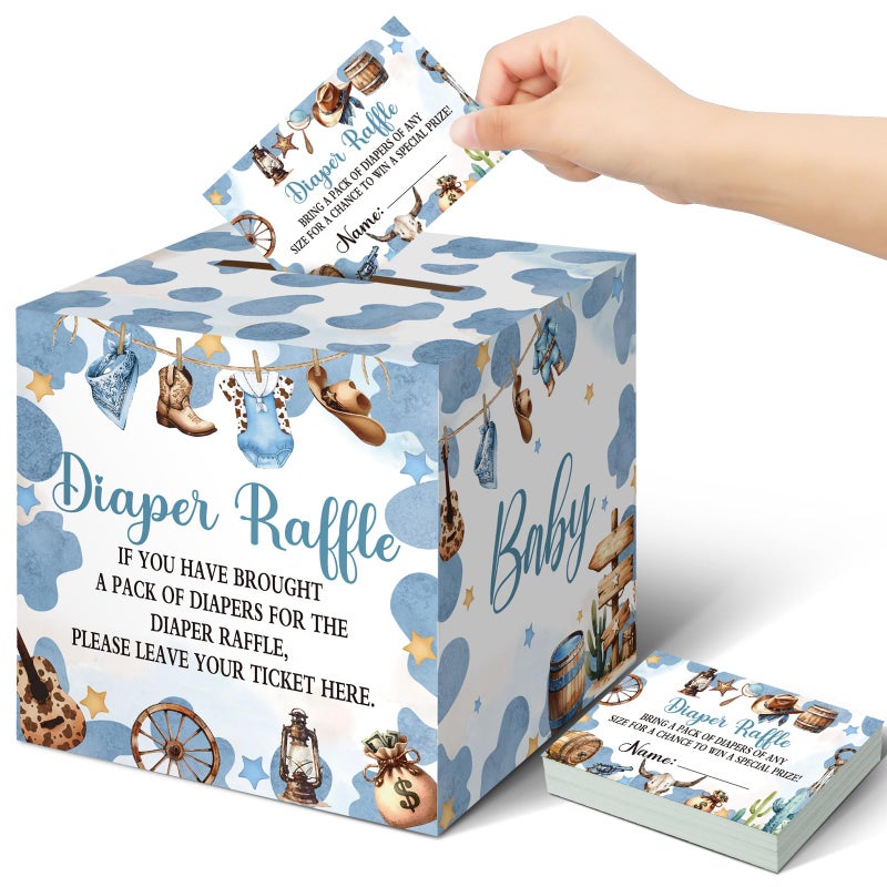 Teling 51 Pieces Diaper Raffle Tickets with Card Box Baby Shower Decorations Baby Shower Holder Box for Girl Boy Diaper Raffle Party(A Small Cowboy is on the Way) - Image 1