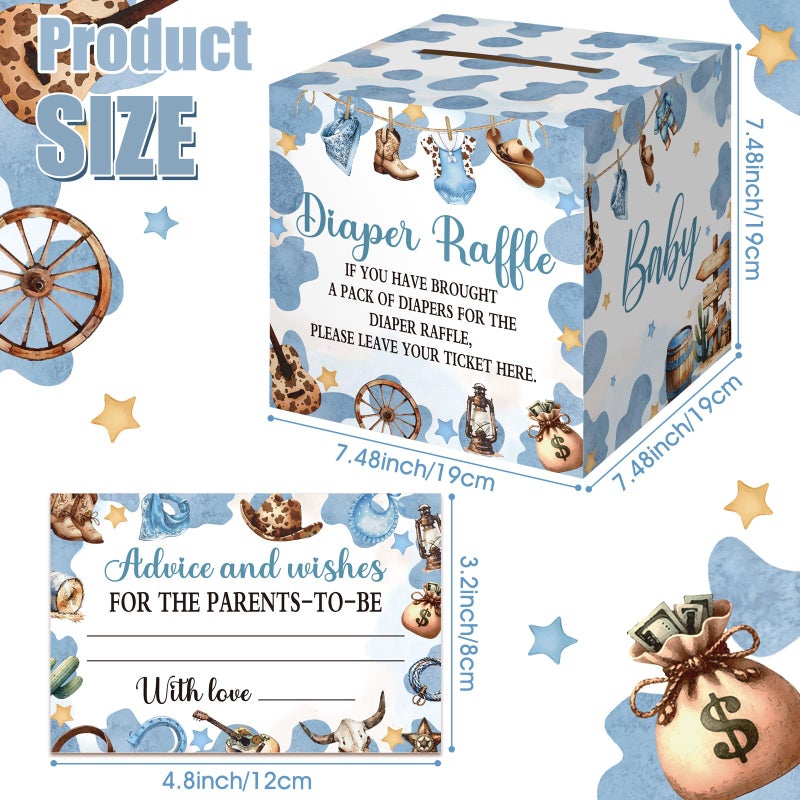 Teling 51 Pieces Diaper Raffle Tickets with Card Box Baby Shower Decorations Baby Shower Holder Box for Girl Boy Diaper Raffle Party(A Small Cowboy is on the Way) - Image 2