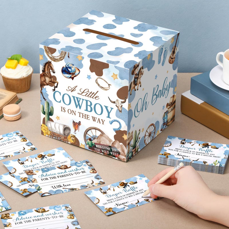 Teling 51 Pieces Diaper Raffle Tickets with Card Box Baby Shower Decorations Baby Shower Holder Box for Girl Boy Diaper Raffle Party(A Small Cowboy is on the Way) - Image 4
