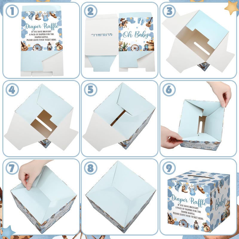 Teling 51 Pieces Diaper Raffle Tickets with Card Box Baby Shower Decorations Baby Shower Holder Box for Girl Boy Diaper Raffle Party(A Small Cowboy is on the Way) - Image 5